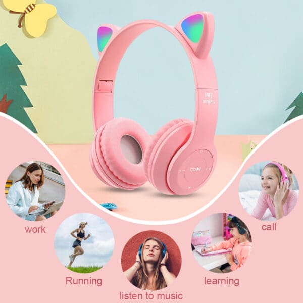 Wireless Bluetooth Cat Ear Headphones with Glow Lights for Gaming & Music - Image 5